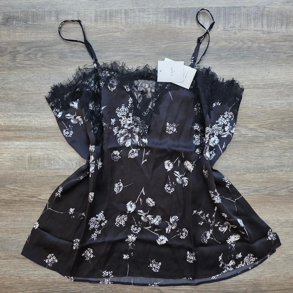 CAMI NYC The Sweetheart Charmeuse Silk Floral Lace Cami Top Black White Large